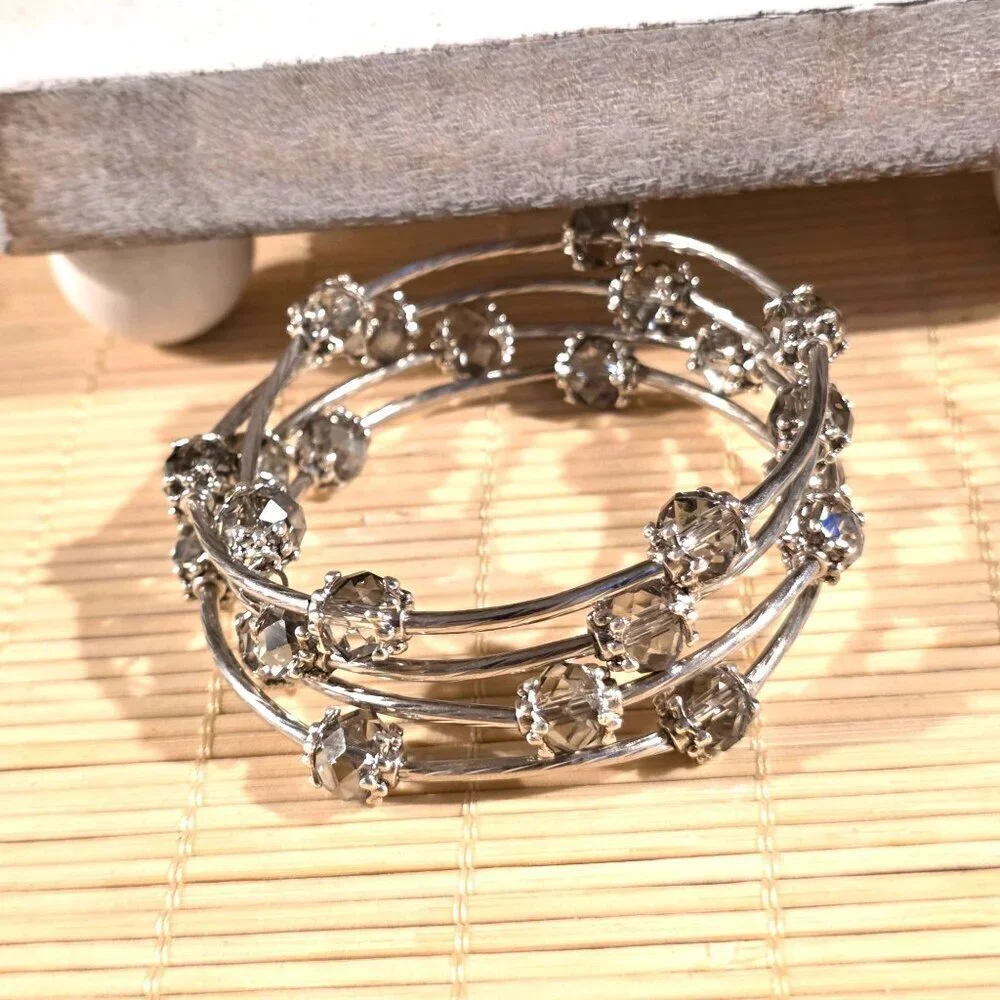 Silver Tone Crystal Wrap Bracelet With Gray Smoke Faceted Beads Filigree Details